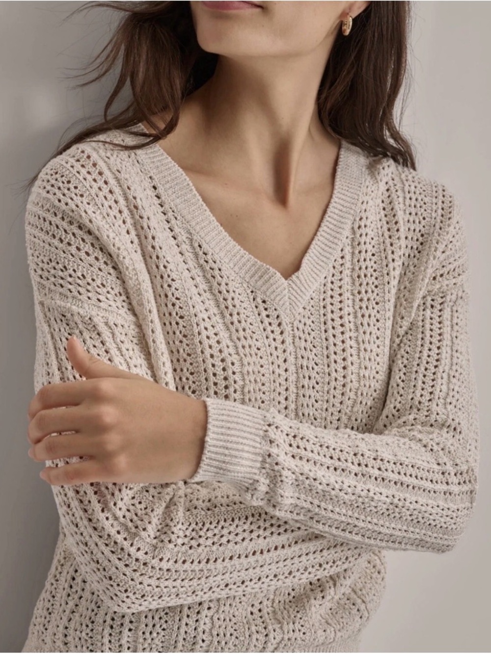 DKNY Open-Knit V-Neck Sweater in Light Cream Tan Gold Metallic Glint Sz XL